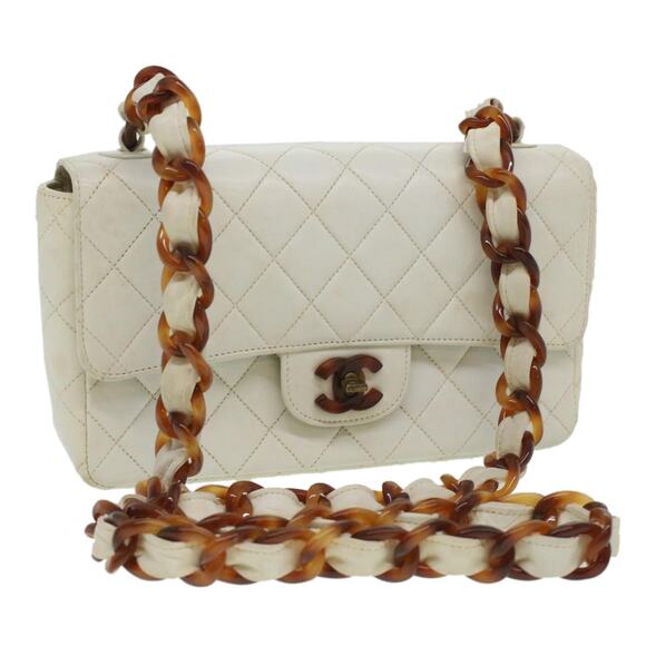 CHANEL Matelasse Turn Lock Shoulder Bag Lamb Skin Brown White CC - Picture 1 of 16